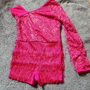 Pink Dance costume, sequence, fringe, one piece, shorts, Size 10-12. Great cond.